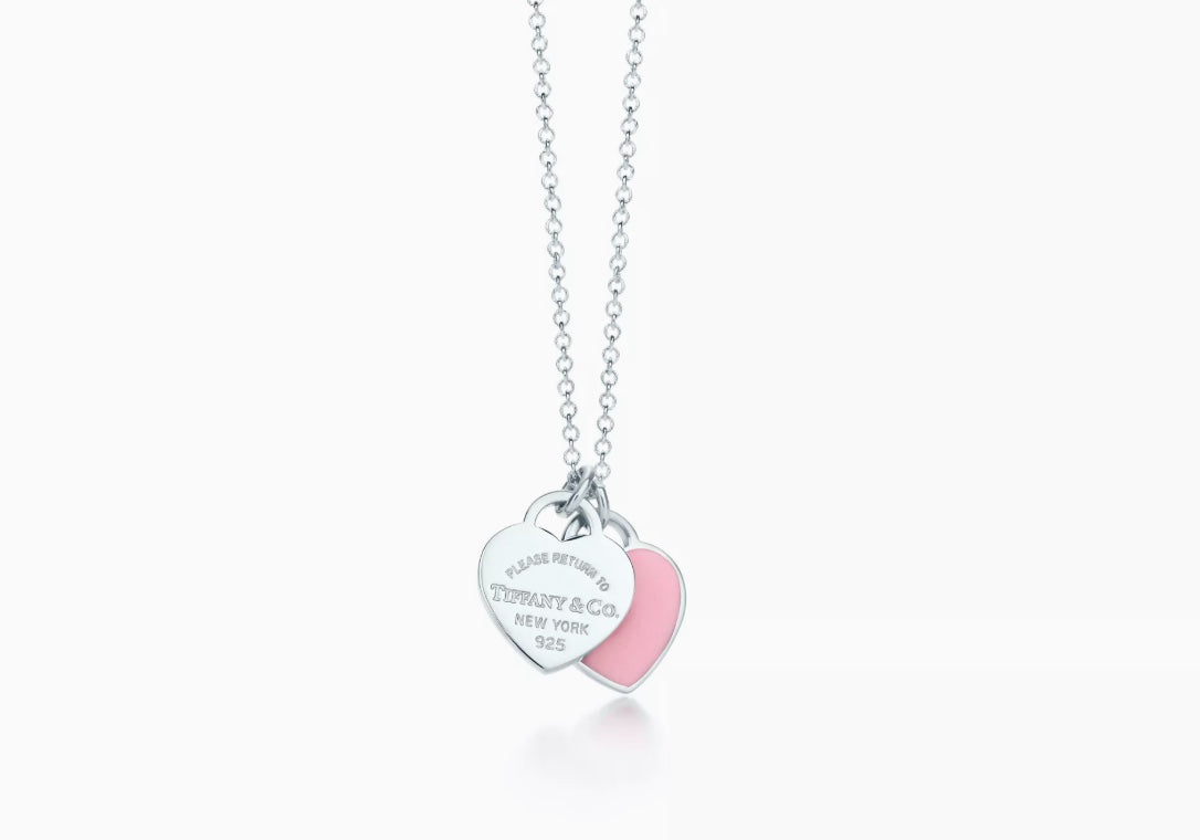 Return to Tiffany pink, red, silver double heart tag pendant